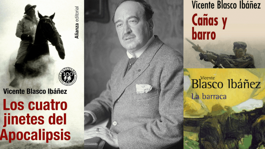 Vicente Blasco Ibáñez y algunos de sus libros. La imagen del escritor procede del departamento de imágenes y fotografías de la Biblioteca del Congreso de Los Estados Unidos. (Wikimedia Commons).