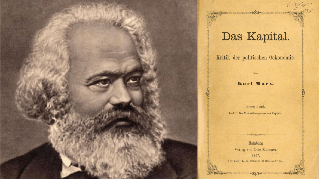 Imagen creada a partir de foto de Karl Marx de Сара Дамњановић distribuida por Wikimedia Commons bajo licencia CC BY-SA 4.0 e imagen de "El capital" de 1867 de dominio público de la Zentralbibliothek de Zúrich.