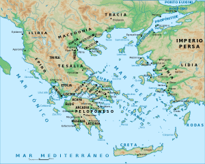 Mapa de la Antigua Grecia. Distribuido por Wikimedia Commons bajo licencia CC BY-SA 2.5. Map_Peloponnesian_War_431_BC-es.svg: Marsyas (original francés); Molorco (traducción al español)), obra derivada: SaxumLeft.