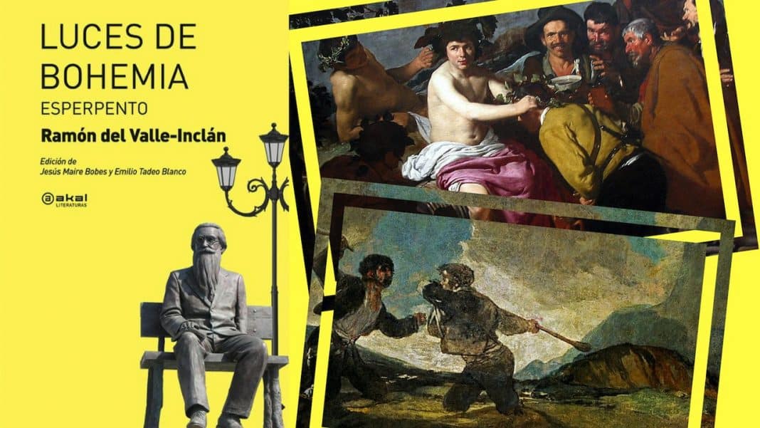 Izda., portada de "Luces de bohemia", de Ramón del Valle-Inclán, editado por Akal. Dcha. arriba, "Los borrachos o El triunfo de Baco", de Velázquez. Dcha. abajo, "Duelo a garrotazos", de Goya.