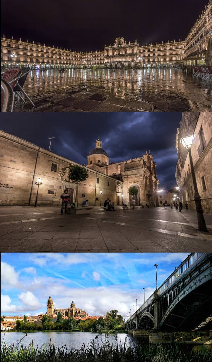 Montaje a partir de 3 fotografías de pixabay. Autores: victorfliscorno (Plaza de la iglesia y plaza mayor) y rmac8oppo (Panorámica de la ciudad y el río) / CC0 Dominio público Montaje ciudad de Salamanca