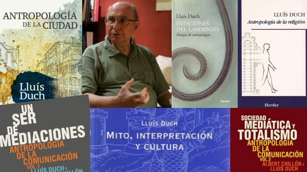 El antropólogo y doctor en Teología Lluís Duch (Barcelona 1936-2018) rodeado de varios de los libros que escribió publicados por Herder.
