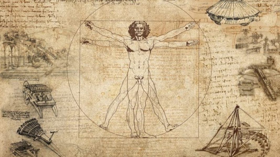 La proporción fue una de las ideas que vertebró la obra de Leonardo da Vinci. Se hizo explícita en el llamado «Hombre de Vitruvio», que preside este collage con algunas de sus obras.