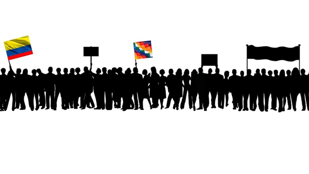 «En la atmósfera se percibe algo distinto, unas fuerzas vivas se están manifestando aquí y ahora y no se van a dispersar tan fácilmente. Lo escribo claro en la evidente incertidumbre, en medio de la inquietud y el dolor por quienes están más expuestos y ya han sido reprimidos, y de la esperanza viva por lo que aún puede pasar», escribe Laura Quintana sobre las protestas actuales en Colombia. Diseño hecho a partir de ilustración de OpenClipart-Vectors, de Pixabay, a la que hemos añadido las banderas de Colombia (izda.) y la wiphala, la indígena.