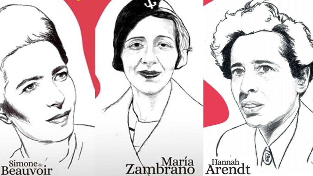 Simone de Beauvoir, María Zambrano y Hannah Arendt, tres de las grandes filósofas homenajeadas en el calendario Filosofers 2020, al que pertenecen las tres ilustraciones de esta imagen.
