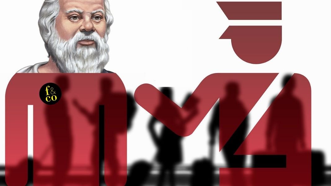 Sócrates en el control de seguridad «¿Qué haría Sócrates en el control de seguridad? Tal vez quedarse parado y no dejarse llevar, a diferencia de nosotros. Quizás preguntar para incomodar a la maquinaria», escribe Anna Pagès. Diseño hecho a partir de una ilustración de Gerd Altmann en Pixabay y un dibujo del busto de Sócrates, autor: Kedumuc10, distribuido por Wikimedia Commons bajo licencia Creative Commons Atribución-CompartirIgual 4.0 Internacional.