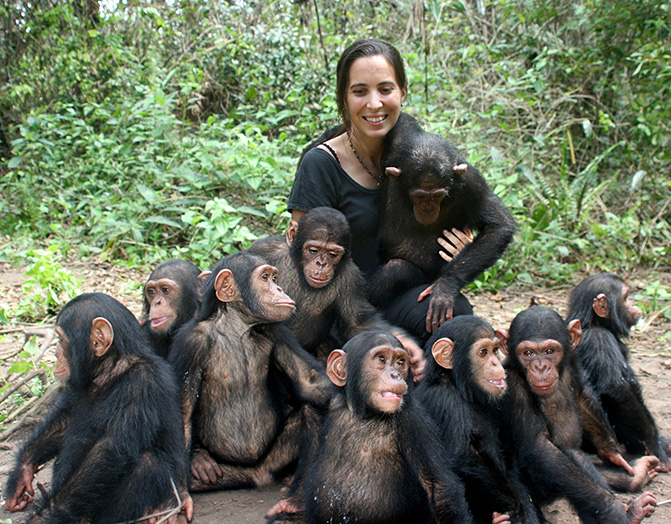 Rebeca Atencia con chimpancés bebés. / Fernando Turmo IJG.