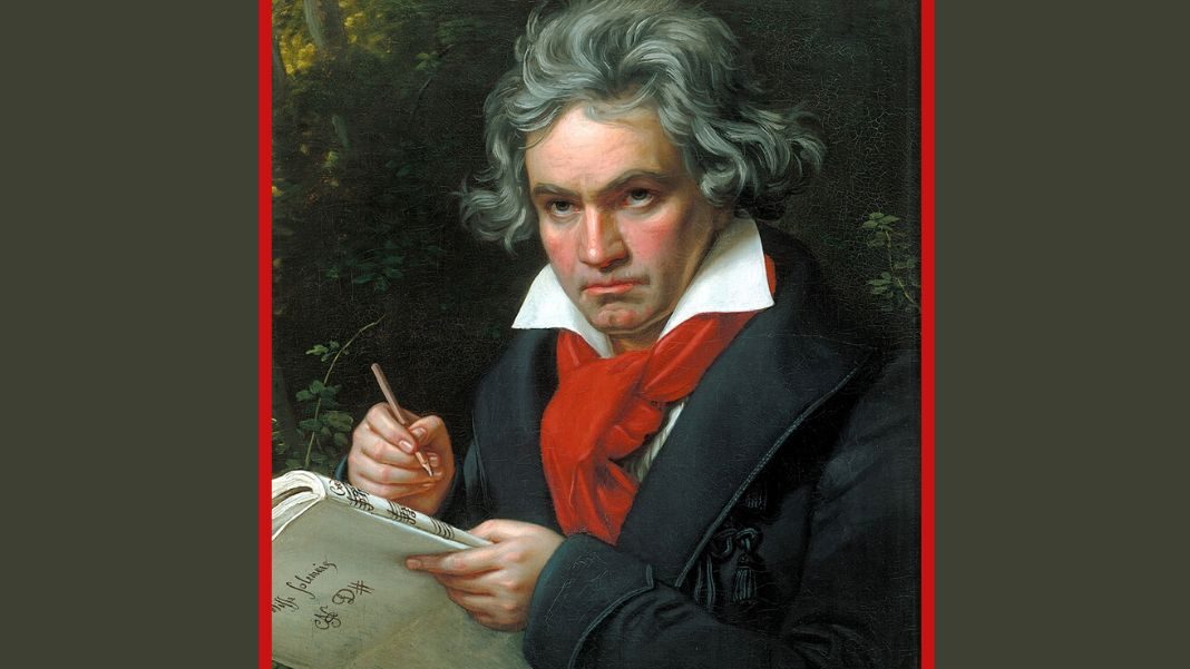Beethoven (1770-1827). Diseño hecho a partir del «Retrato de Ludwing van Beethoven mientras componía la Misa Solemne», de Karl Joseph Stieler, distribuido por Wikipedia en dominio público.