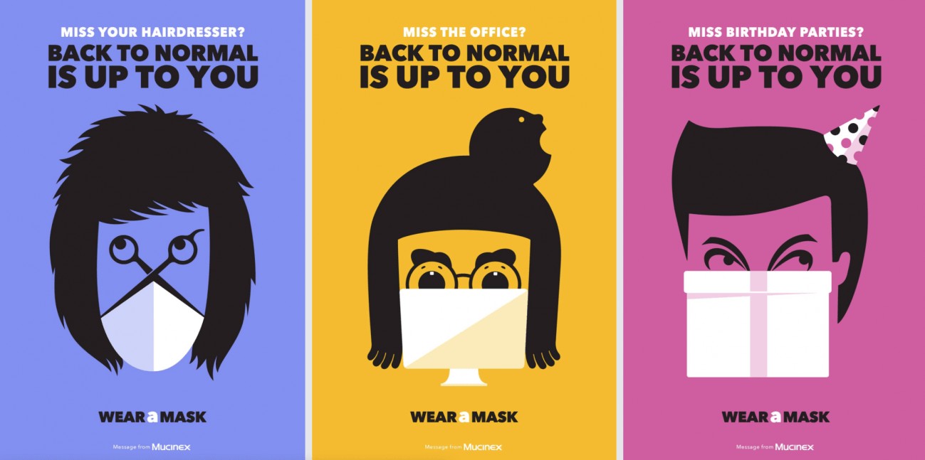 «Volver a la normalidad depende de ti. Usa mascarilla». Campaña del diseñador gráfico israelí Noma Bar para Mucinex.