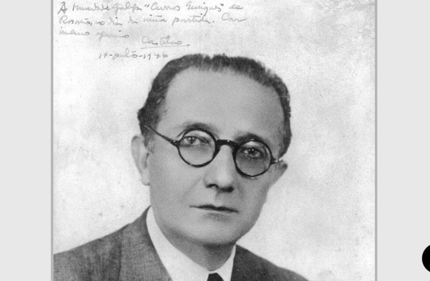 Tras la guerra civil y la derrota republicana, Castelao abandona España. Desde Argentina sigue promoviendo la cultura gallega. Imagen de Á Irmandade Galega Curros Enríquez de Rosario, no día da miña partida. Castelao, 1946. De dominio público, distribuida por Wikimedia Commons.