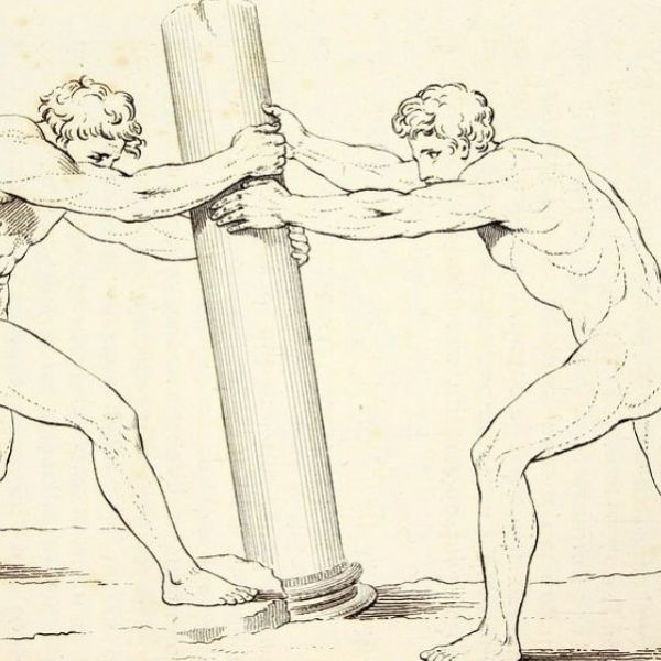 Dos hombres zarandean un pilar, como los deseos zarandean el cuerpo en sentidos opuestos. [El cuerpo humano, extraída del Tratado de la pintura, de Leonardo da Vinci (Imagen de dominio público)]