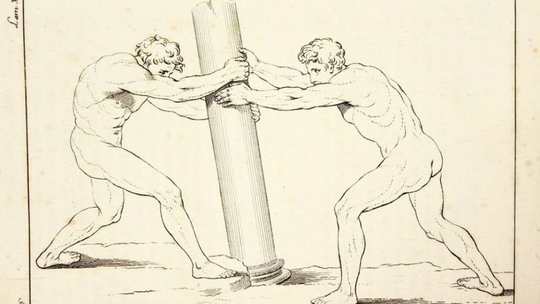 Dos hombres zarandean un pilar, como los deseos zarandean el cuerpo en sentidos opuestos. [El cuerpo humano, extraída del Tratado de la pintura, de Leonardo da Vinci (Imagen de dominio público)]