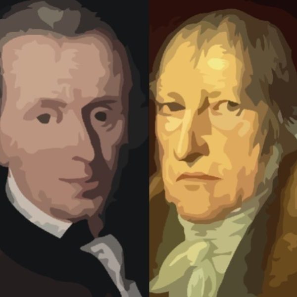 En su teoría política, Kan y Hegel polemizan con el realismo político. Diseño realizado a partir de imagen de Hegel (dcha.) de dominio público e imagen de Kant (izda.) bajo licencia CC (CC BY-SA 3.0), extraídas de la Gran Enciclopedia Noruega (snl.no)