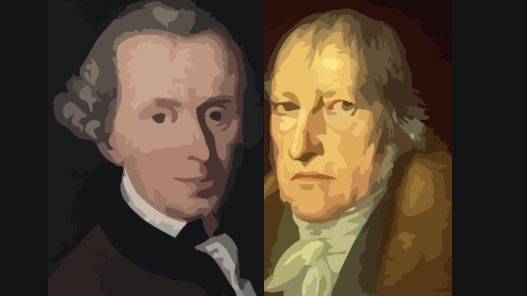 En su teoría política, Kan y Hegel polemizan con el realismo político. Diseño realizado a partir de imagen de Hegel (dcha.) de dominio público e imagen de Kant (izda.) bajo licencia CC (CC BY-SA 3.0), extraídas de la Gran Enciclopedia Noruega (snl.no)