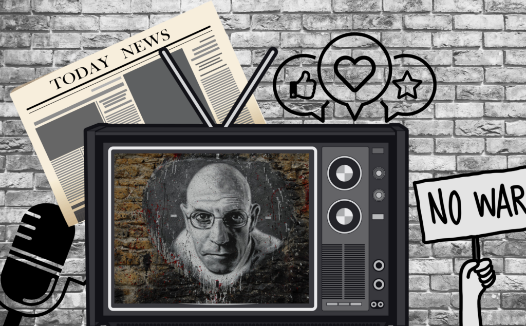En la imagen puede verse un muro de ladrillo al fondo y, en primer plano, varios elementos que refieren a la conexión de Foucault con la teoría crítica: una televisión antigua, de los años 50, con una imagen de Foucault en la pantalla, un periódico envejecido, un micrófono de grabación de audio en estudio, un cartel en el que puede leerse "No war" y unos globos de novela gráfica con símbolos de "like" propios de las redes sociales.