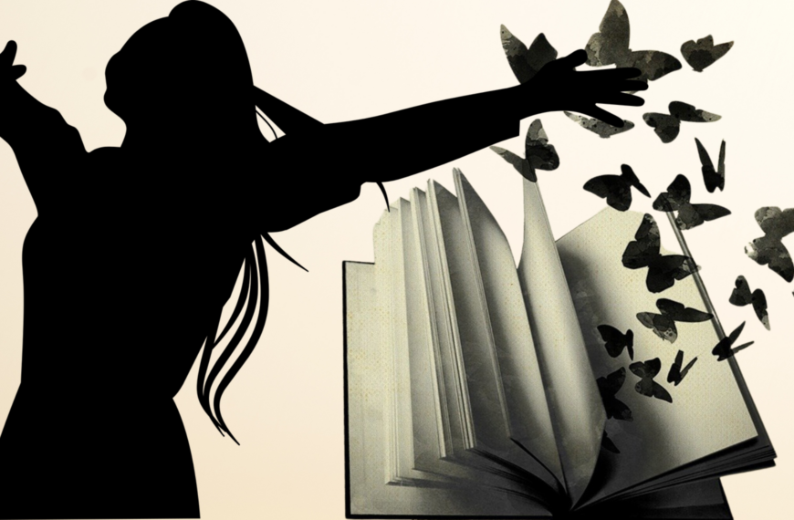 Mujer libre y libro del que salen mariposas.