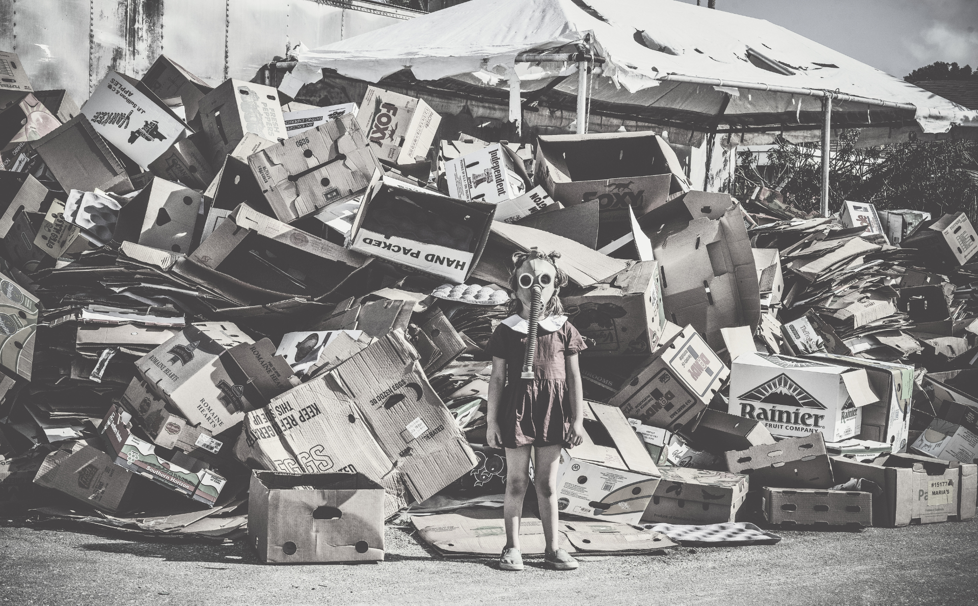 Imagen de distopía: niña con máscara entre basura