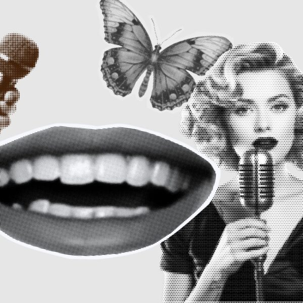 Imagen collage donde aparece una boca sonriendo representando la risa, una mujer con un micrófono a punto de cantar, una mariposa y una mano con un micro de periodista.