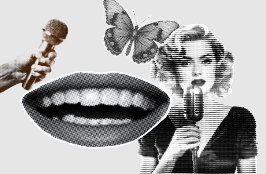 Imagen collage donde aparece una boca sonriendo representando la risa, una mujer con un micrófono a punto de cantar, una mariposa y una mano con un micro de periodista.