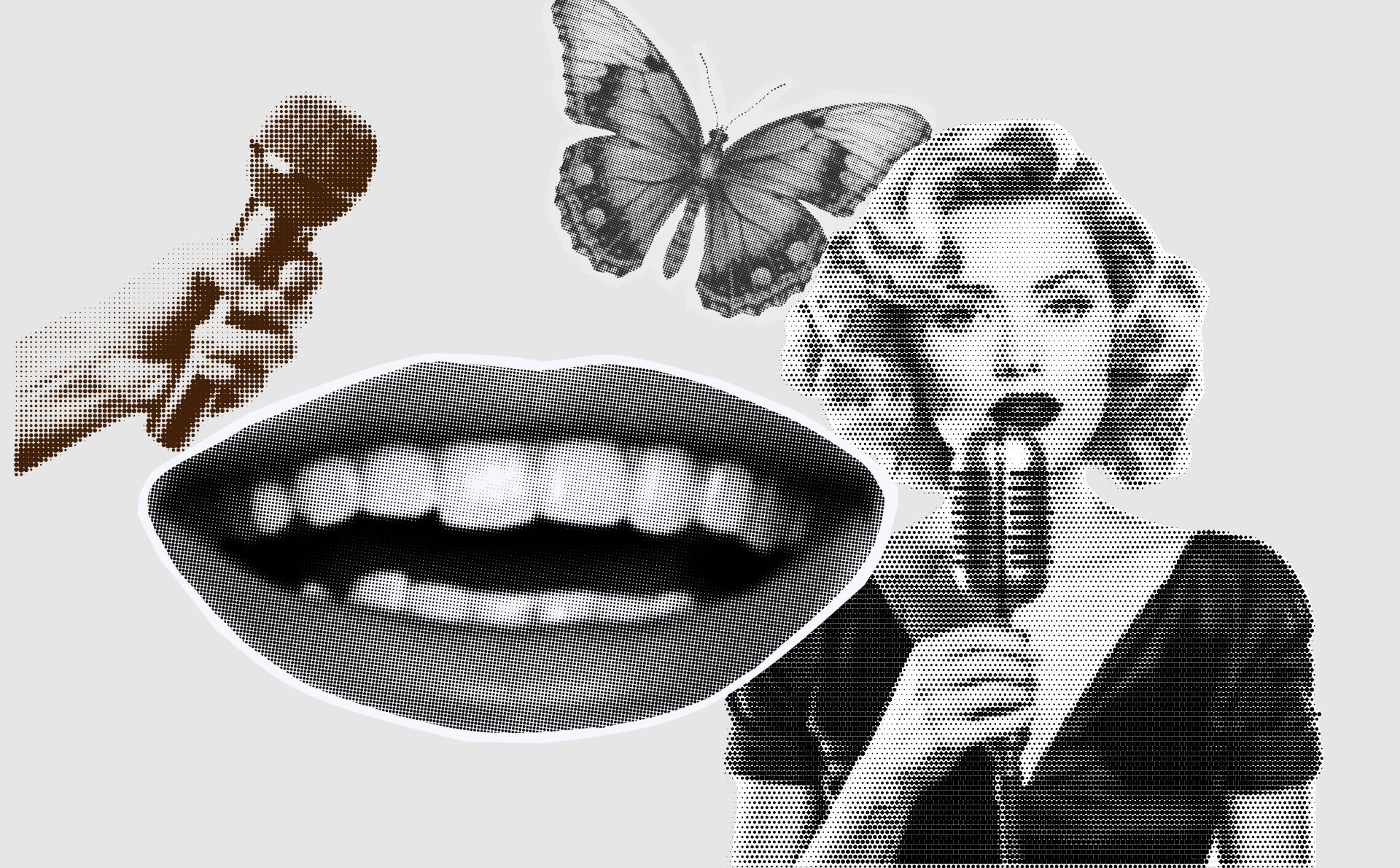 Imagen collage donde aparece una boca sonriendo representando la risa, una mujer con un micrófono a punto de cantar, una mariposa y una mano con un micro de periodista.