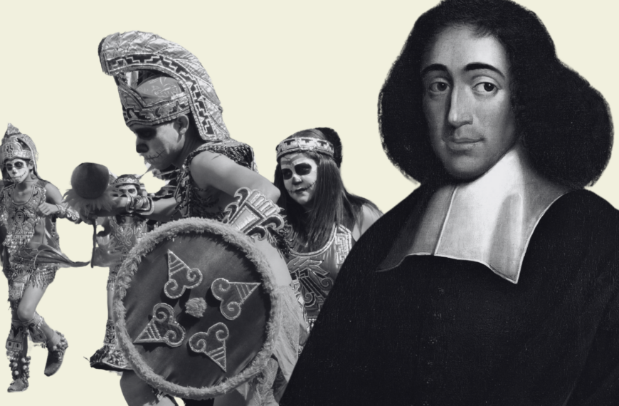 El pensamiento indígena y Spinoza: imagen de procesión de Día de Muertos representando el pensamiento indígena por los motivos y trajes prehispánicos de sus participantes. Y a la derecha una imagen del filósofo Baruch Spinoza.