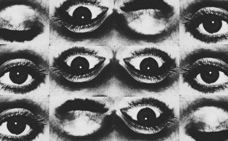 Álvaro Cruzado: «Acercarse a la memoria no es sencillo porque está rodeada de sedimentos vitales» La imagen muestra la idea de la antiutopía o distopía y el miedo a través de doce ojos en blanco y negro, algunos boca abajo, mirando directamente el lector. Diseño de Erina Araja, en Pexels (licencia Canva Pro).