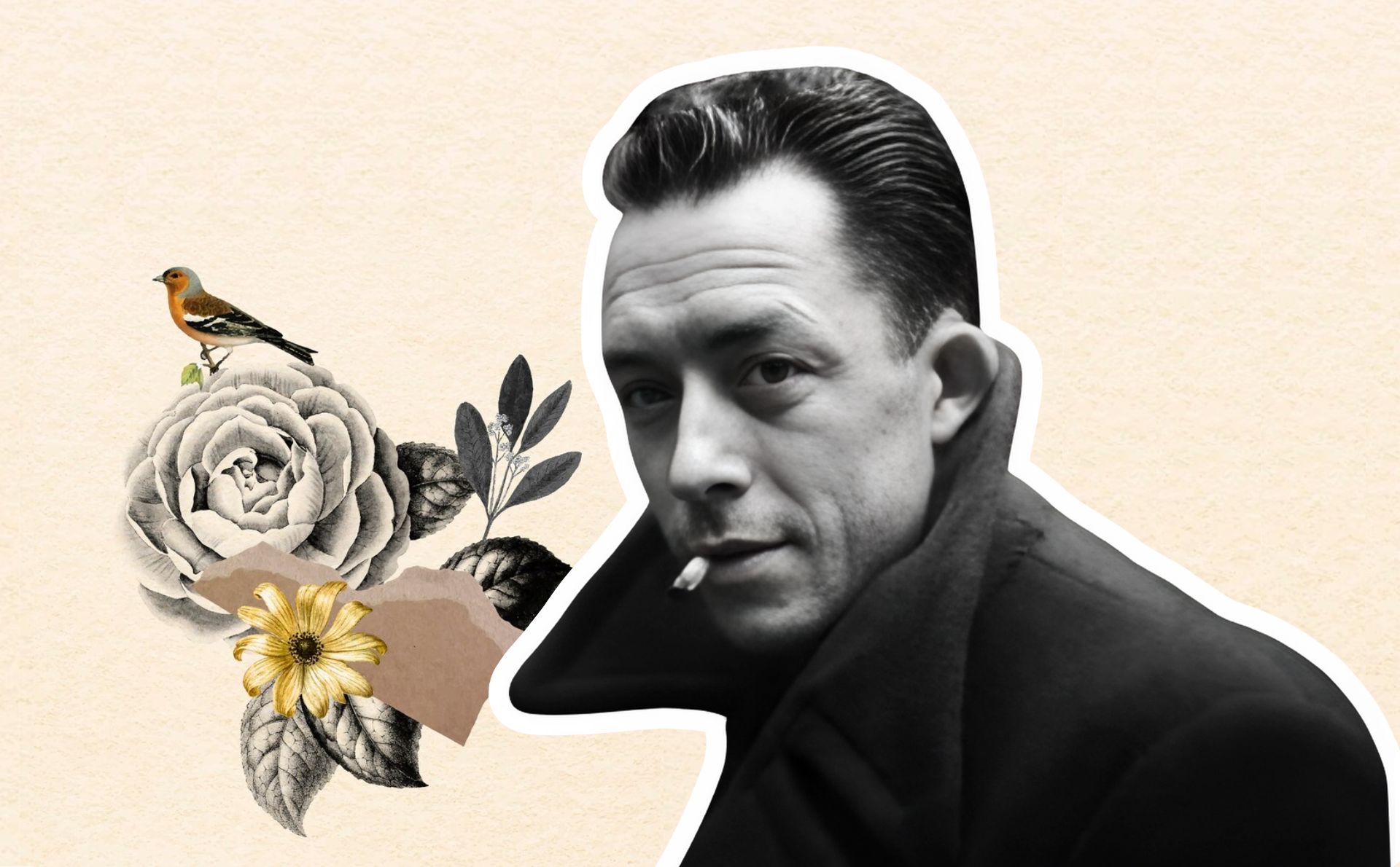 Camus hizo filosofía en un período en el que parecía que nada podía florecer, pero su pensamiento, que pone el absurdo del mundo en el centro, es el pensamiento de la primavera y del sí a la vida. Diseño realizado a partir del collage de Freepik (licencia CC.) y la fotografía de Albert Camus (Wikimedia Commons).