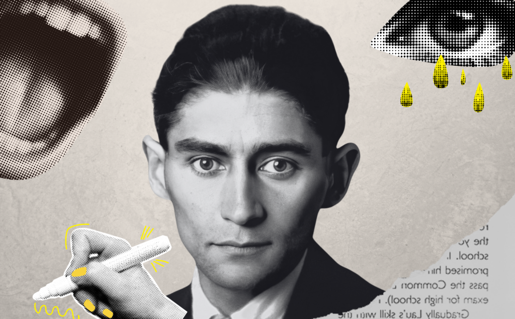 La obra de Kafka es un grito sordo, un llanto que no moja, un retrato escrito sobre cómo en el mundo moderno la vida se nos arranca como hojas de periódico que ya no valen. Diseño realizado a partir de la fotografía de Franz Kafka en 1923, ampliada y mejorada por inteligencia artificial y recogida en Wikimedia Commons (licencia C.C.) junto a elementos de CanvaPRO.