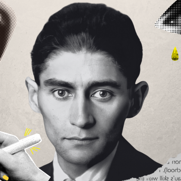 La obra de Kafka es un grito sordo, un llanto que no moja, un retrato escrito sobre cómo en el mundo moderno la vida se nos arranca como hojas de periódico que ya no valen. Diseño realizado a partir de la fotografía de Franz Kafka en 1923, ampliada y mejorada por inteligencia artificial y recogida en Wikimedia Commons (licencia C.C.) junto a elementos de CanvaPRO.