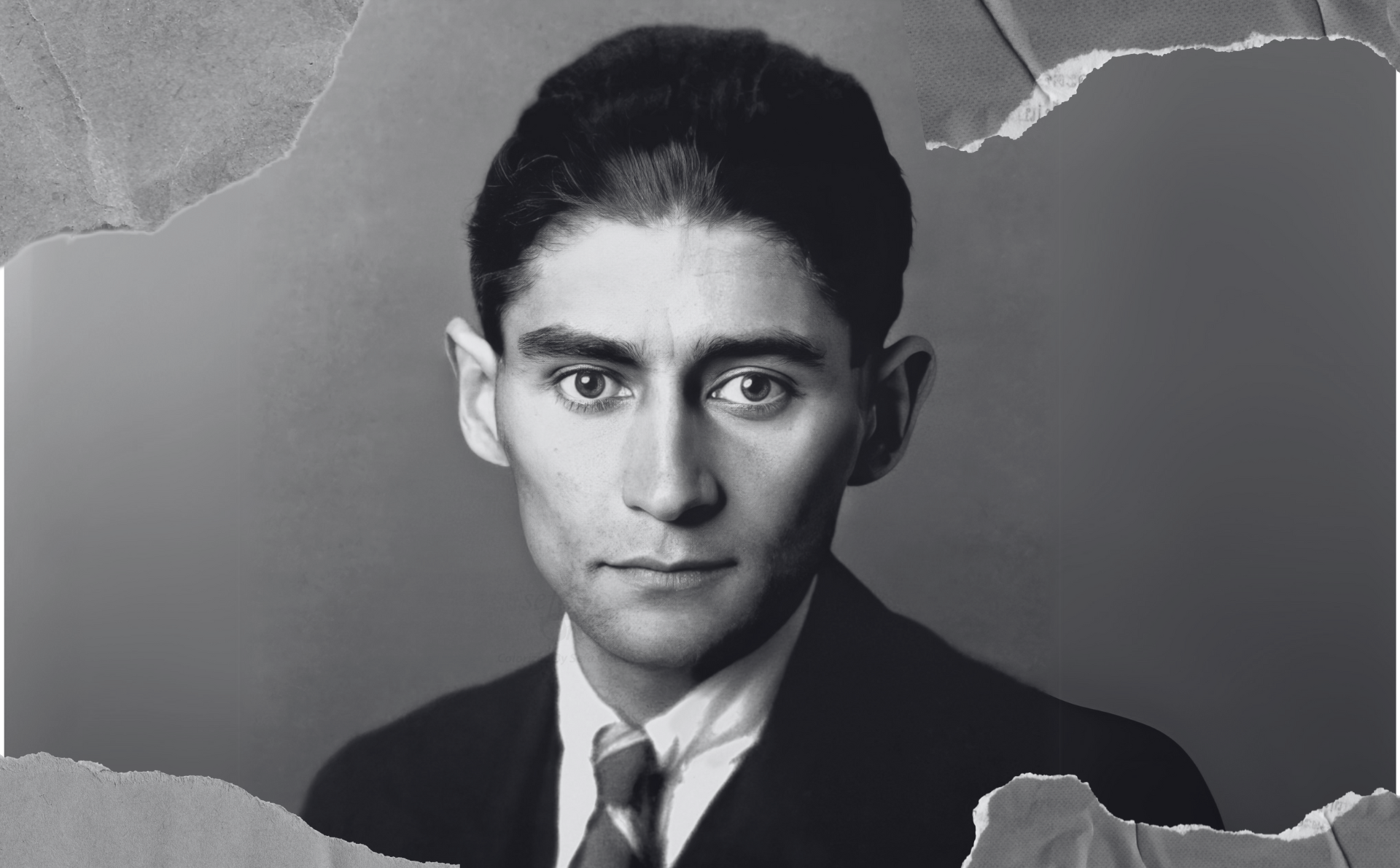 Fotografía de Franz Kafka en 1923, ampliada y mejorada por inteligencia artificial y recogida en Wikimedia Commons (licencia C.C.).