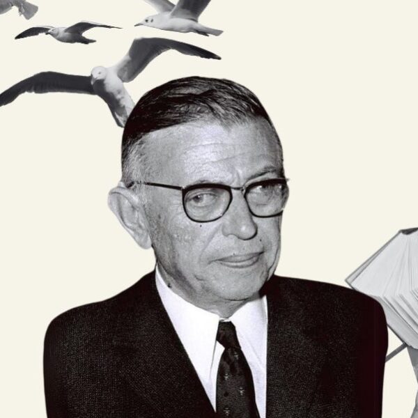 Leer a Sartre es un vuelo a la libertad, es recuperar el sendero de una filosofía que todavía nos interroga. Diseño realizado a partir de los elementos de Freepik (licencia CC.) y la fotografía de Sartre realizada el 14 de marzo de 1967 (Wikimedia Commons).