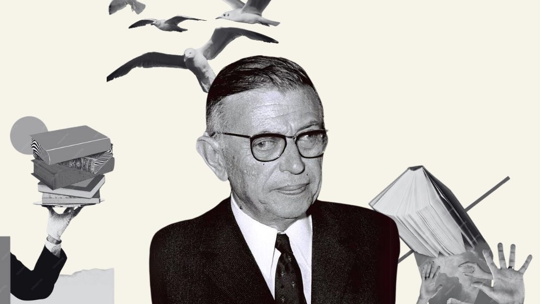 Leer a Sartre es un vuelo a la libertad, es recuperar el sendero de una filosofía que todavía nos interroga. Diseño realizado a partir de los elementos de Freepik (licencia CC.) y la fotografía de Sartre realizada el 14 de marzo de 1967 (Wikimedia Commons).