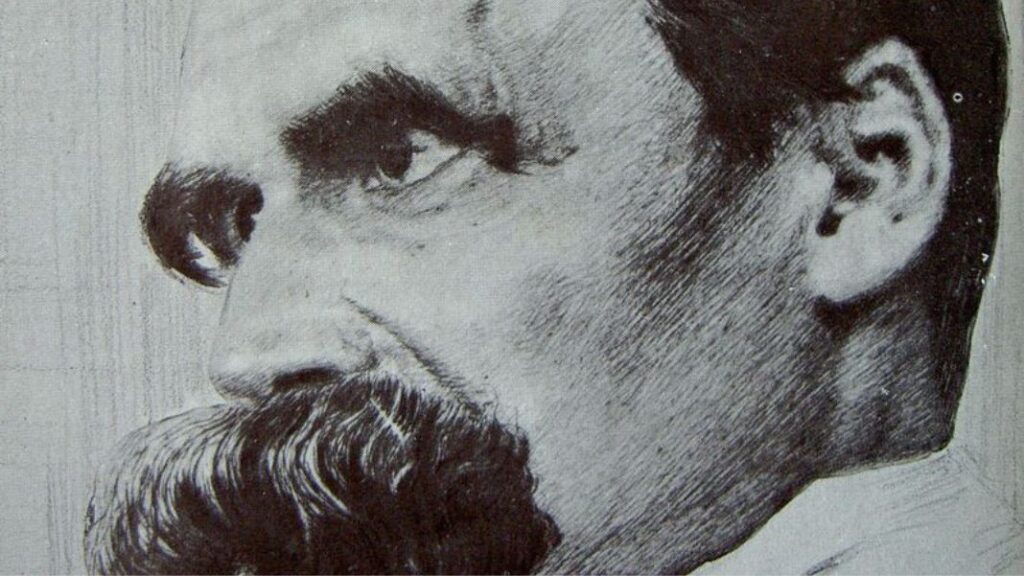 La muerte de Dios es uno de los conceptos más importantes del filósofo. Diseño a partir de retrato de Nietzsche, de Hans Olde, de dominio público, extraído de Wkimedia Commons.