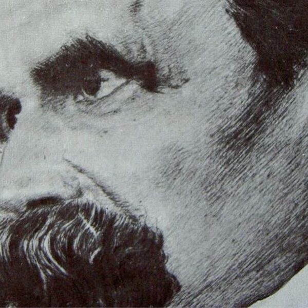 La muerte de Dios es uno de los conceptos más importantes del filósofo. Diseño a partir de retrato de Nietzsche, de Hans Olde, de dominio público, extraído de Wkimedia Commons.