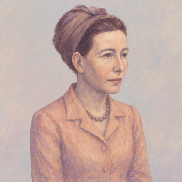 Ilustración de Simone de Beauvoir realizada por Dall.E 2 (el 23 de abril de 2025; licencia CC).