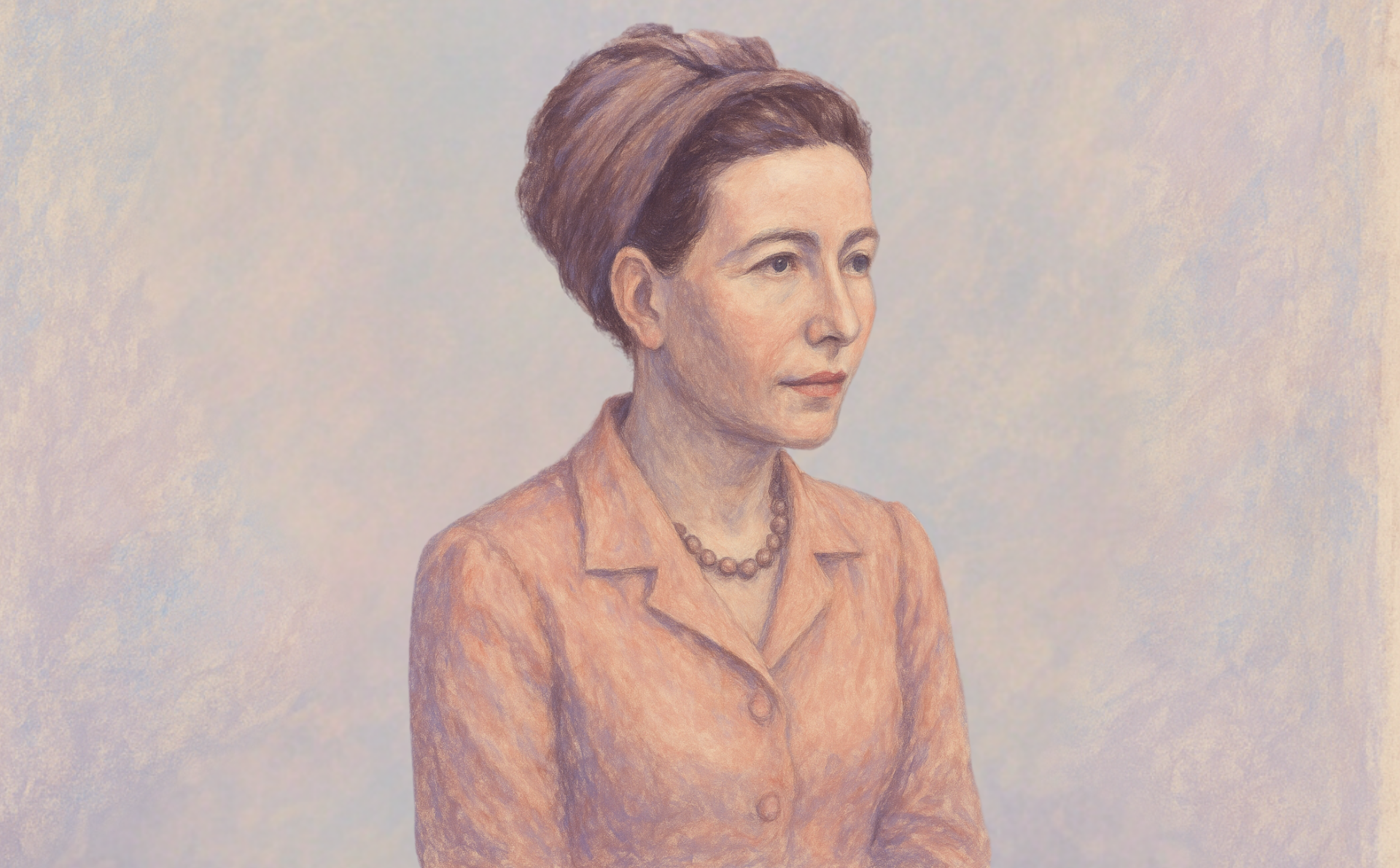 Ilustración de Simone de Beauvoir realizada por Dall.E 2 (el 23 de abril de 2025; licencia CC).