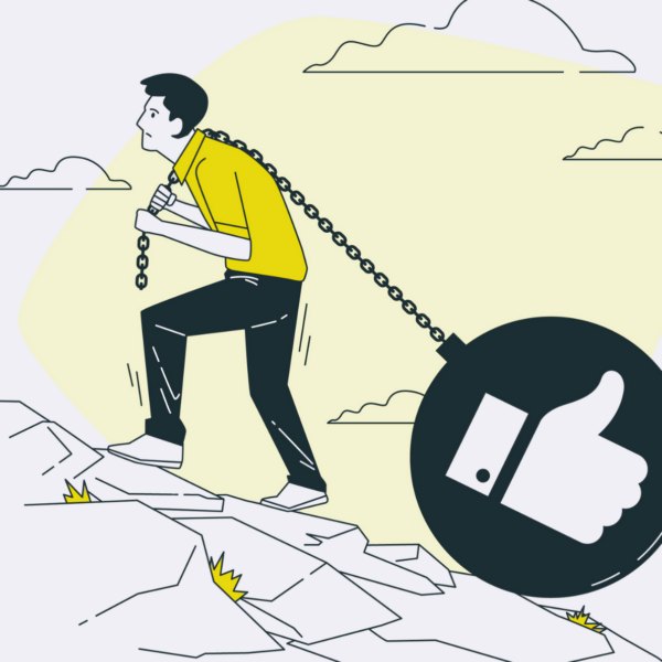 Ilustración de un hombre subiendo con esfuerzo una cadena una montaña tirando de una cadena con una bola con una mano con un pulgar hacia arriba en señal de éxito y like.