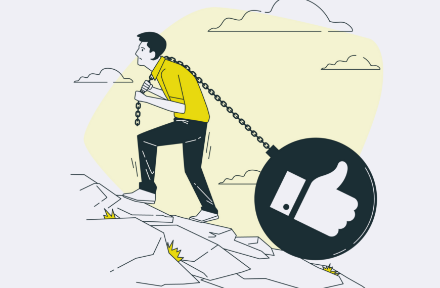 Ilustración de un hombre subiendo con esfuerzo una cadena una montaña tirando de una cadena con una bola con una mano con un pulgar hacia arriba en señal de éxito y like.