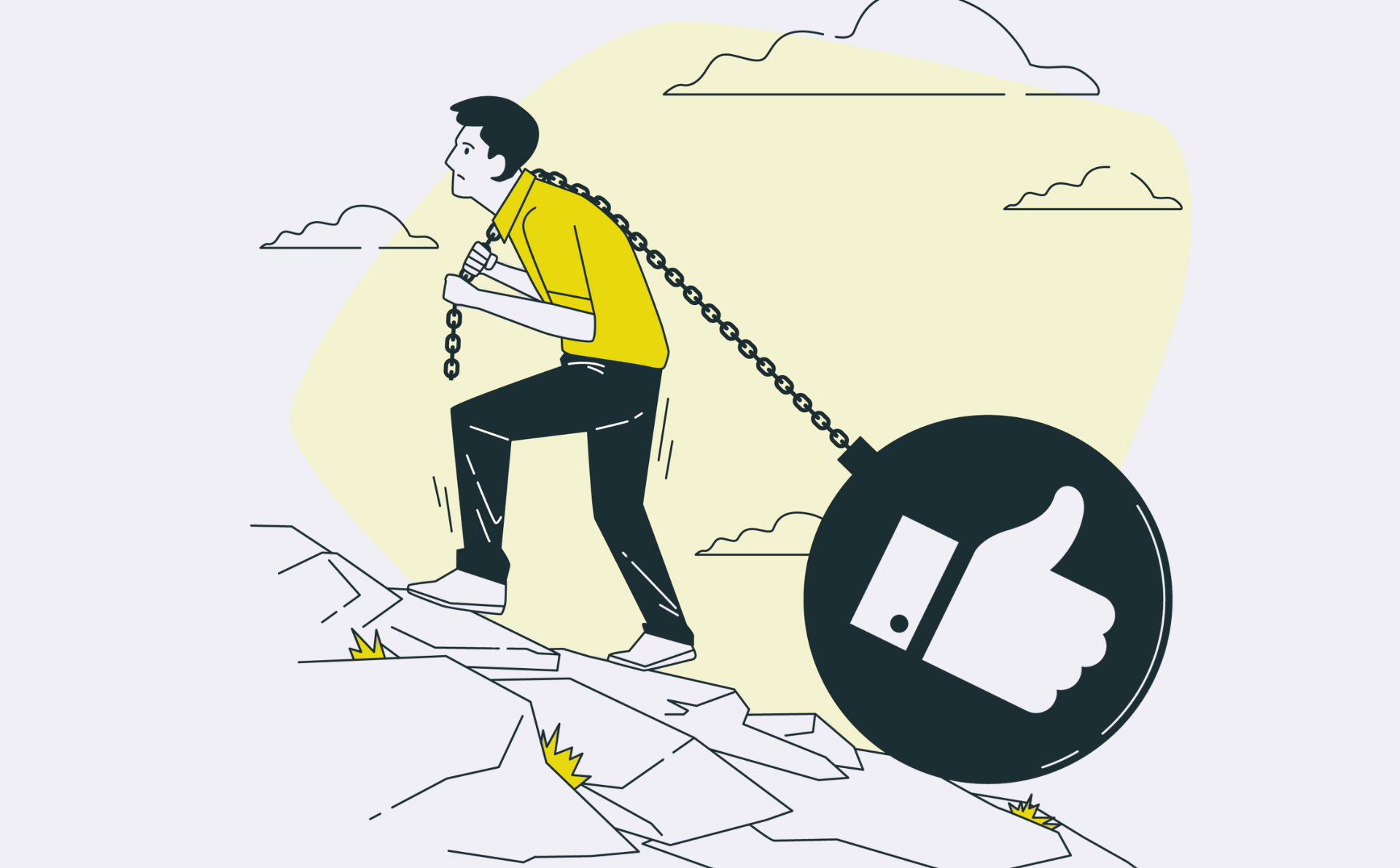 Ilustración de un hombre subiendo con esfuerzo una cadena una montaña tirando de una cadena con una bola con una mano con un pulgar hacia arriba en señal de éxito y like.