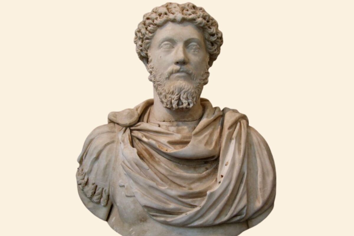 Frente a otros filósofos, cuyo pensamiento lo conocemos por tratados, el pensamiento de Marco Aurelio se revela en sus meditaciones más íntimas. Diseño a partir de imagen de busto de Marco Aurelio, de dominio público. Extraída de Wikimedia Commons.