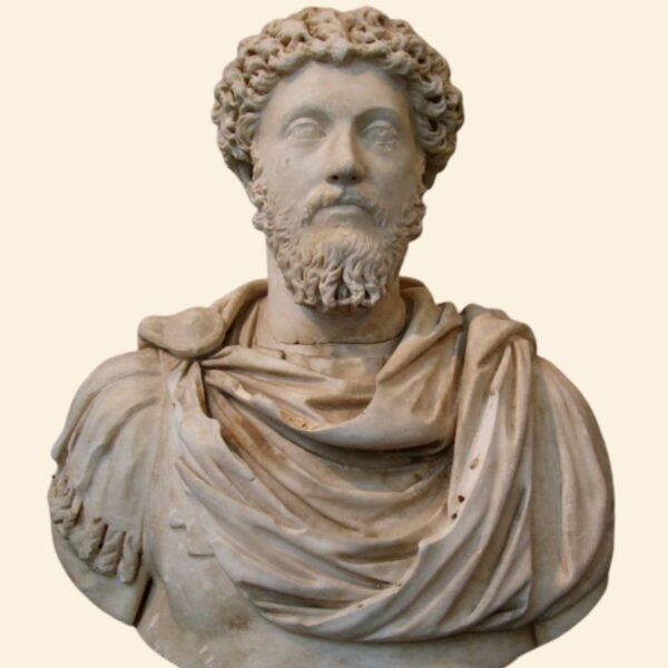 Frente a otros filósofos, cuyo pensamiento lo conocemos por tratados, el pensamiento de Marco Aurelio se revela en sus meditaciones más íntimas. Diseño a partir de imagen de busto de Marco Aurelio, de dominio público. Extraída de Wikimedia Commons.