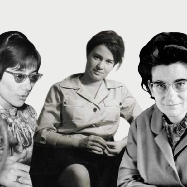 Brigitte Reimann, Ulrike Meinhof y Christa Wolf sobre un fondo gris.
