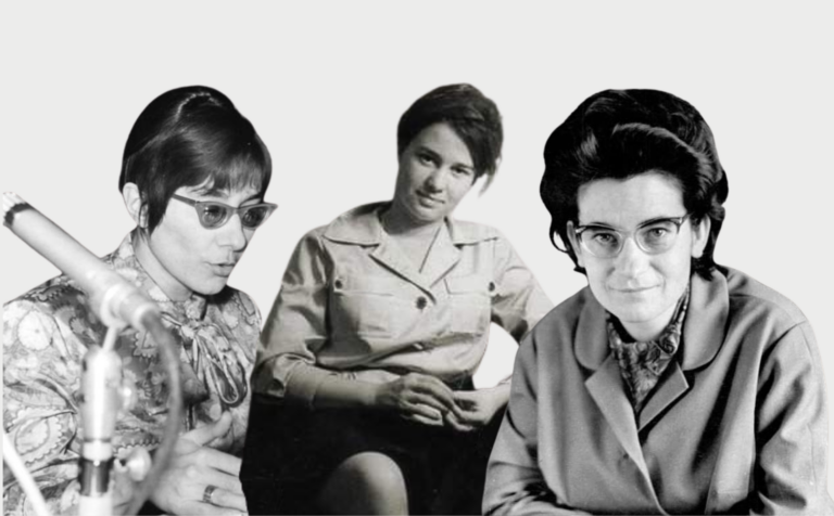 Brigitte Reimann, Ulrike Meinhof y Christa Wolf sobre un fondo gris.