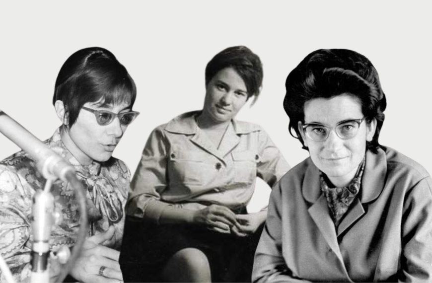 Brigitte Reimann, Ulrike Meinhof y Christa Wolf sobre un fondo gris.