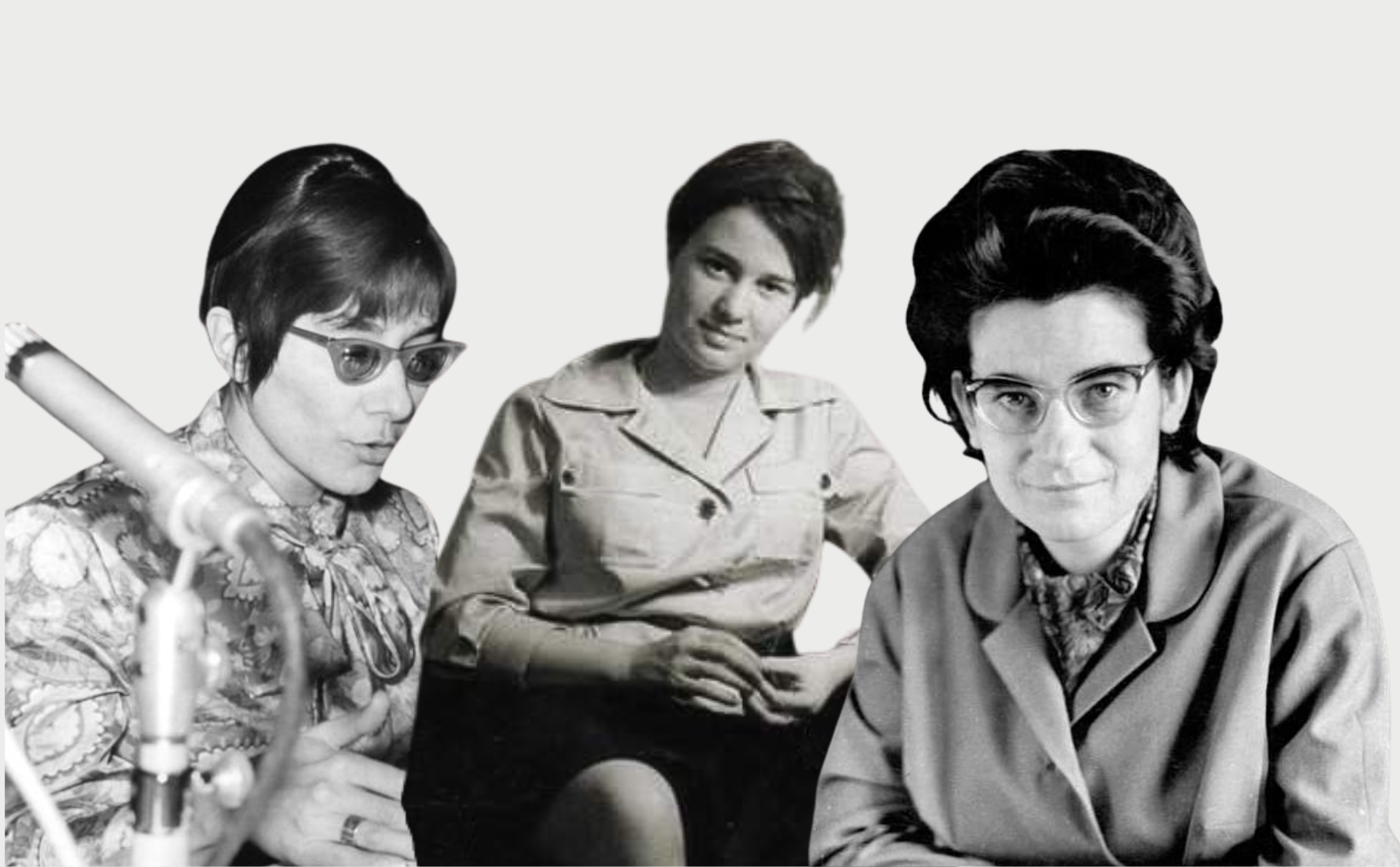 Brigitte Reimann, Ulrike Meinhof y Christa Wolf sobre un fondo gris.