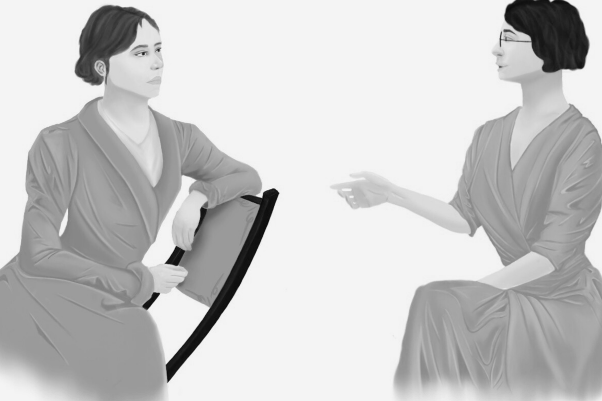 Ilustración de María Zambrano y Simone Weil de perfil, sentadas hablando.