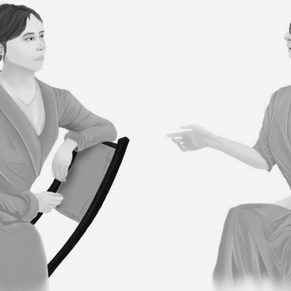 Ilustración de María Zambrano y Simone Weil de perfil, sentadas hablando.