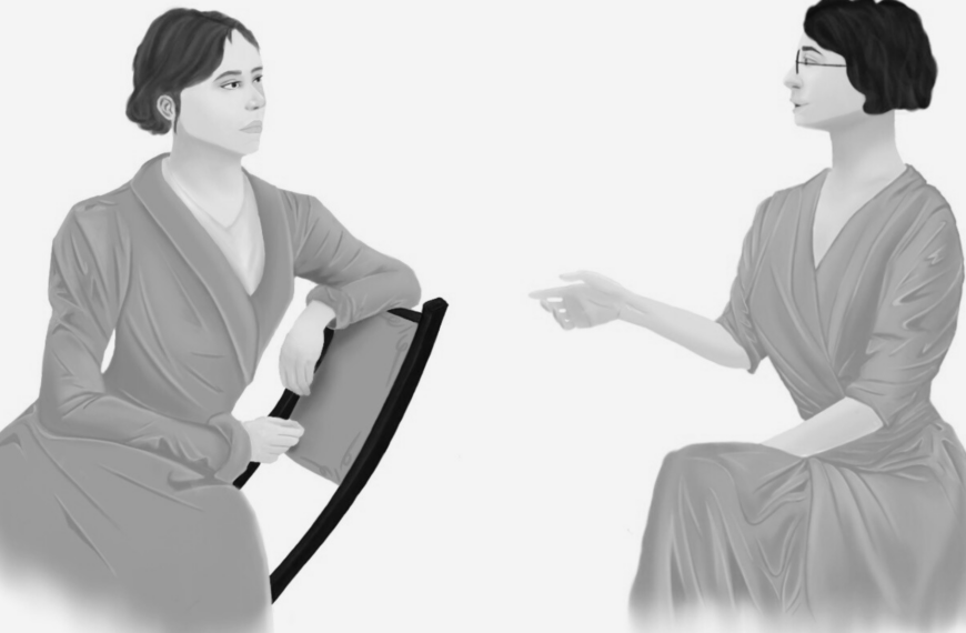 Ilustración de María Zambrano y Simone Weil de perfil, sentadas hablando.