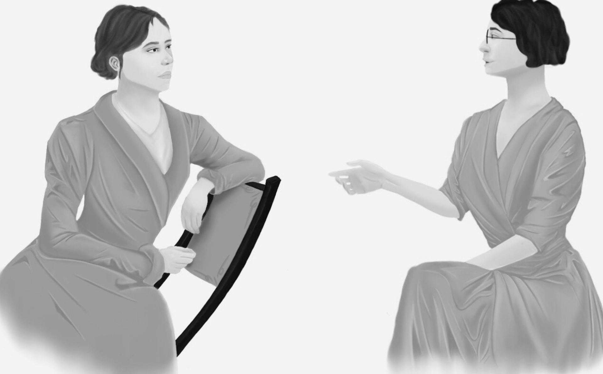 Ilustración de María Zambrano y Simone Weil de perfil, sentadas hablando.