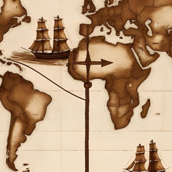 Un mapamundi con rutas marítimas y barcos entre España y América representando su relación en la modernidad.